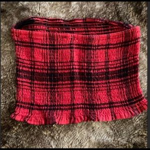 Garage size large ruffled tube top plaid red blk